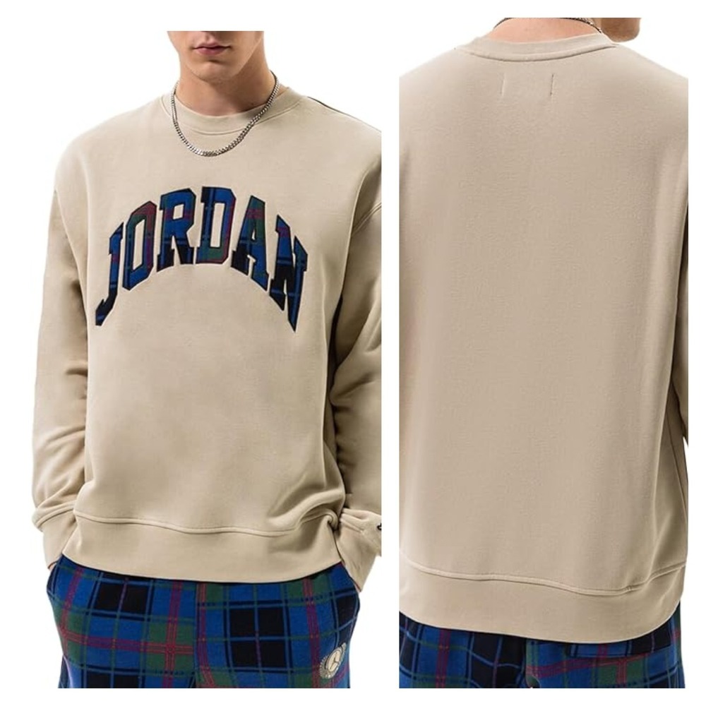 Jordan Sweatshirt Unisex L Tan Fleece Long‎ Sleeve Crew Neck Pullover Outdoor